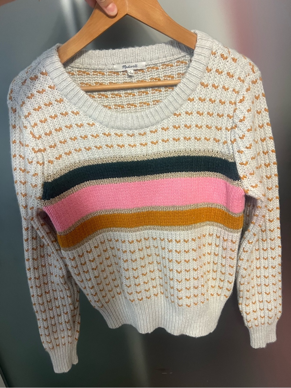 Madewell sweater Cream, pink, and gold